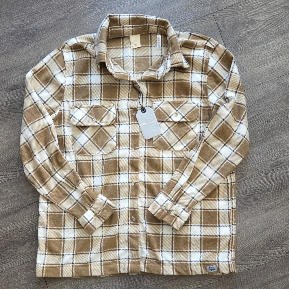 Better Unsaid Micro Fleece Shacket Women Small Brown Plaid NWT B-GLORPEN-JR
